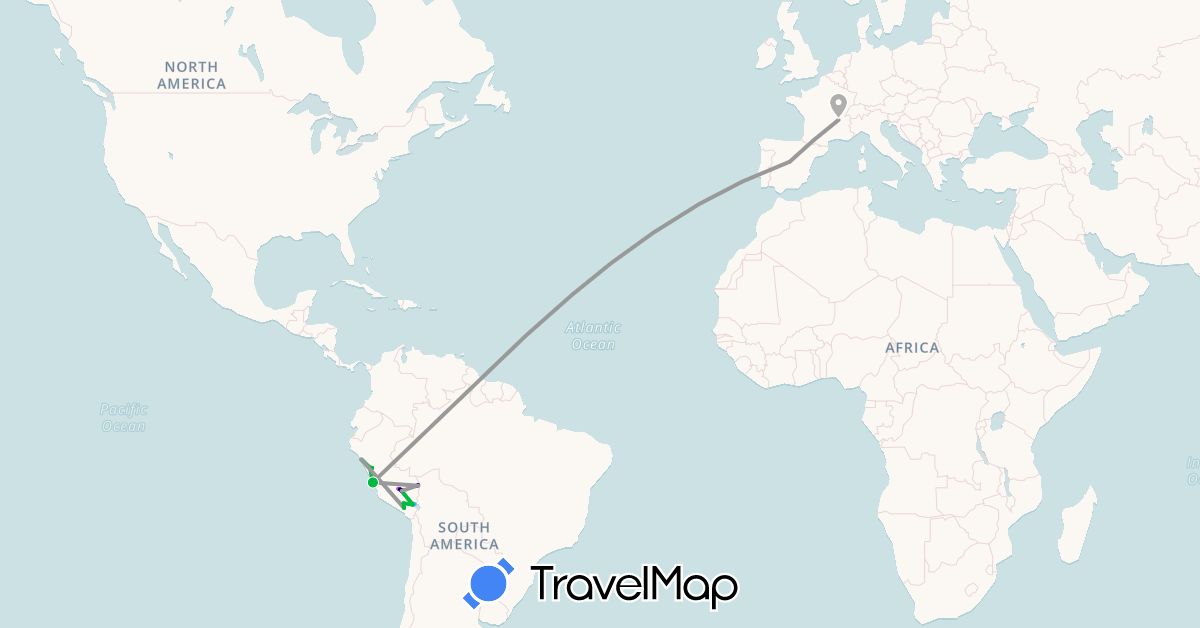 TravelMap itinerary: driving, bus, plane, train, boat in Spain, France, Peru (Europe, South America)